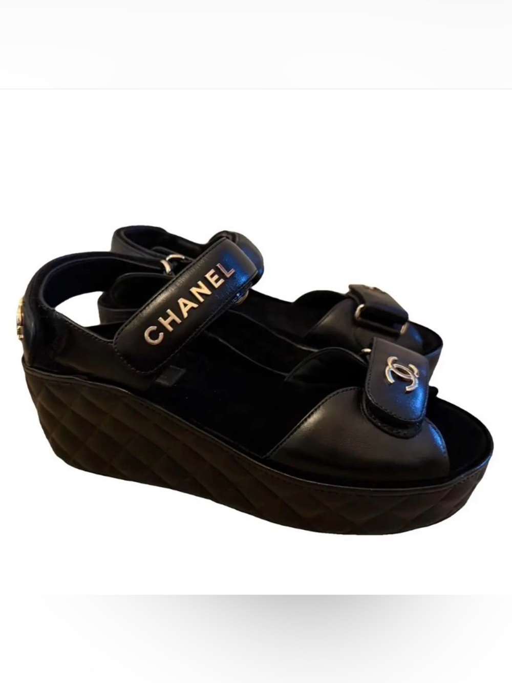 Authentic CHANEL Dad Black Quilted Platform Slingback Sandal size 39